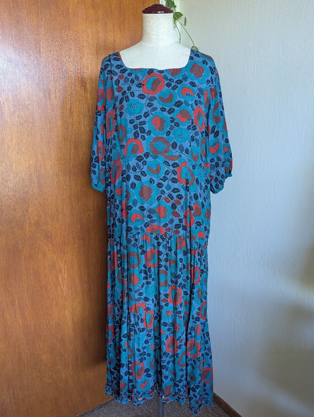 Gudrun Sjoden Blue Dress Floral Midi Maxi Long Sleeve Print Size Medium